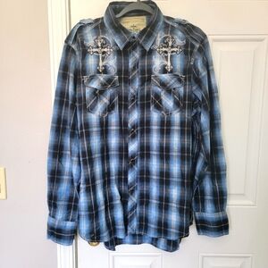 Supply Company USA Blue Plaid Affliction Style Black Pearl Snap Shirt Size L
